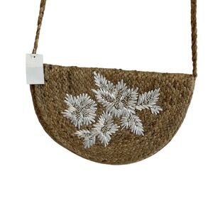 Jute Crossbody‎ Bag with Silver Beaded Floral Embellishment, Bohemian Style